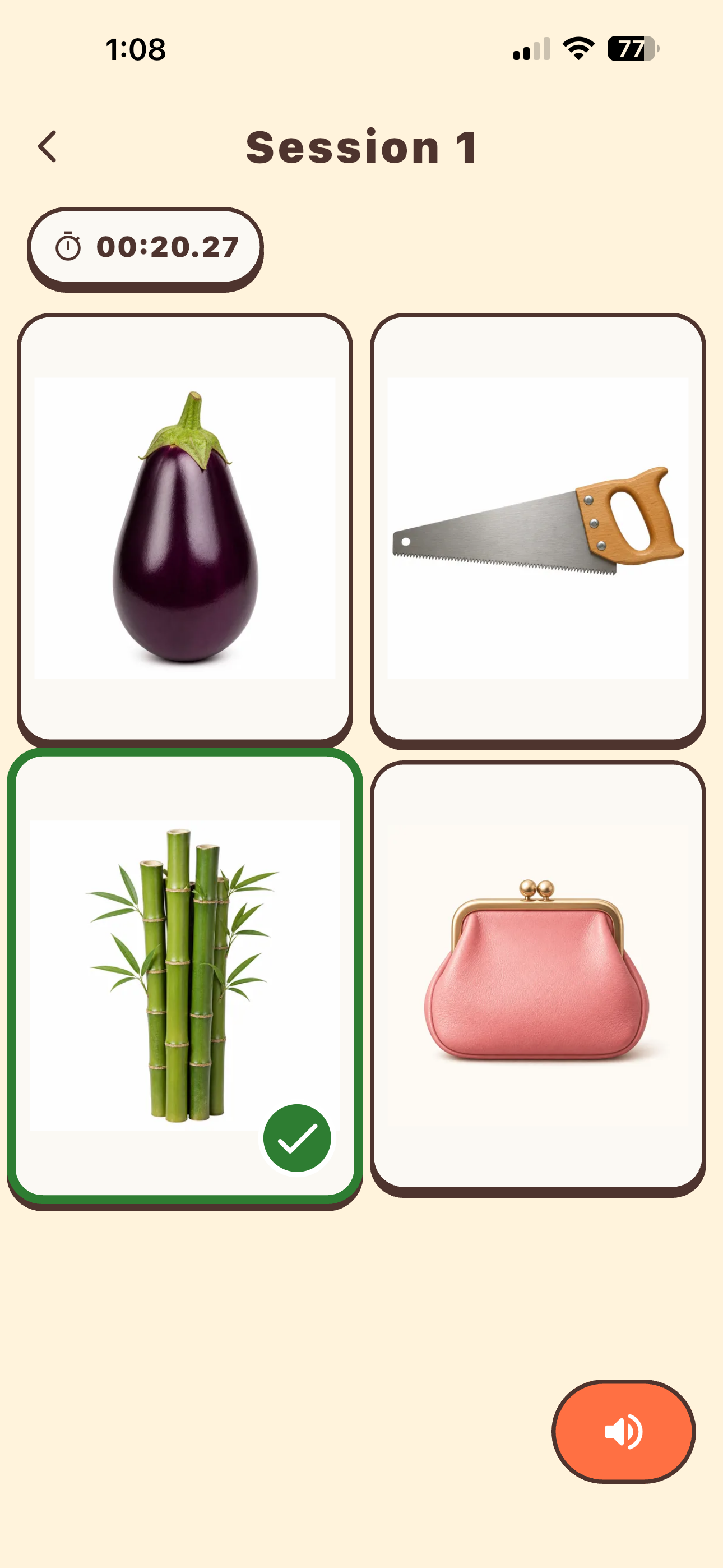 EarNoun practice screen with four picture choices and an audio button